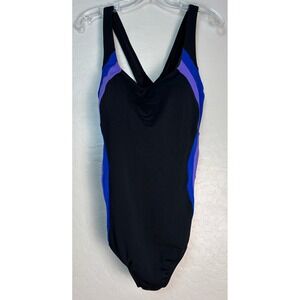 Lands End Womens Black Blue Purple Colorblock 1 Piece Swimsuit Sz 16L Tall 2171